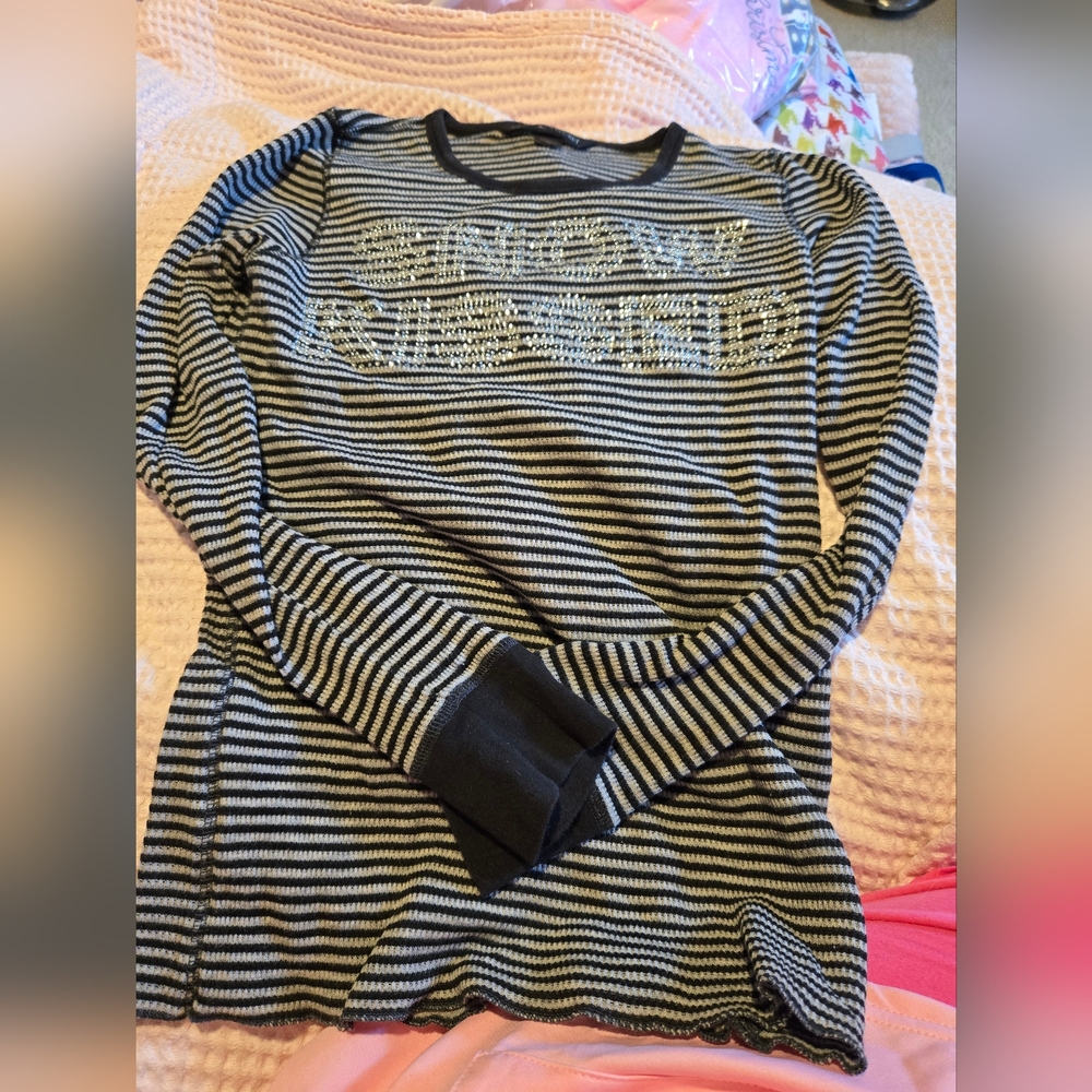 Victoria's Secret Snow Kissed Gem Long Sleeve Black & White Striped Top Size M